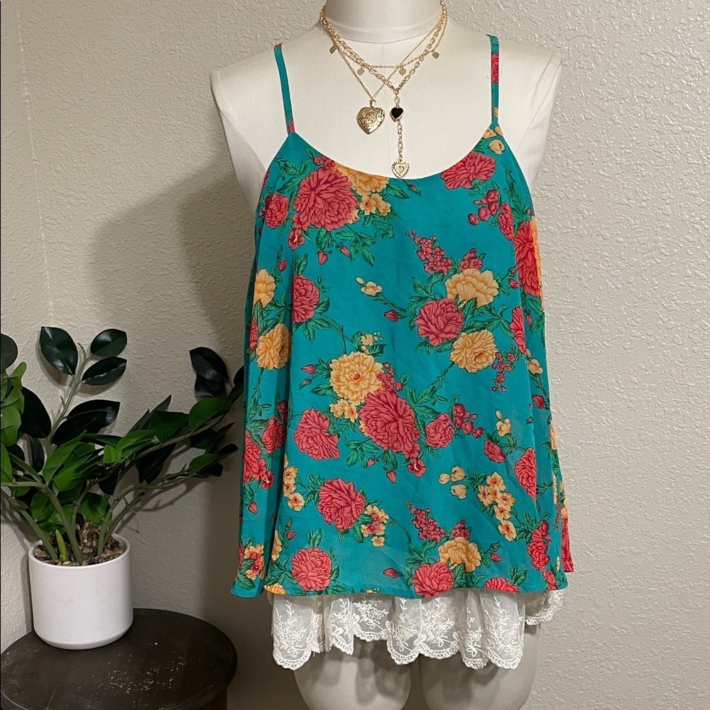 Umgee Teal Floral Camisole with Red and Yellow Accents